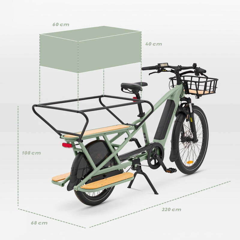 BTWIN VELOCARGO ELECTRIQUE LONGTAIL CHARGEMENT ARRIERE R500E Vert Clair 4 BTWIN VELOCARGO ELECTRIQUE LONGTAIL CHARGEMENT ARRIERE R500E Vert Clair – Image 2